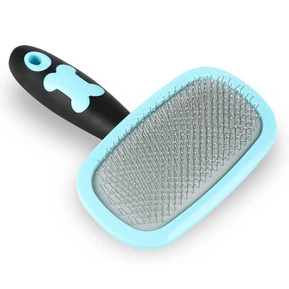 Blue slicker pet grooming brush with oval metal-pin pad on light blue base
