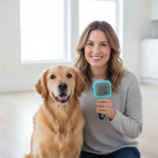 Blue slicker pet grooming brush with rubber grip handle and metal pin bristle pad