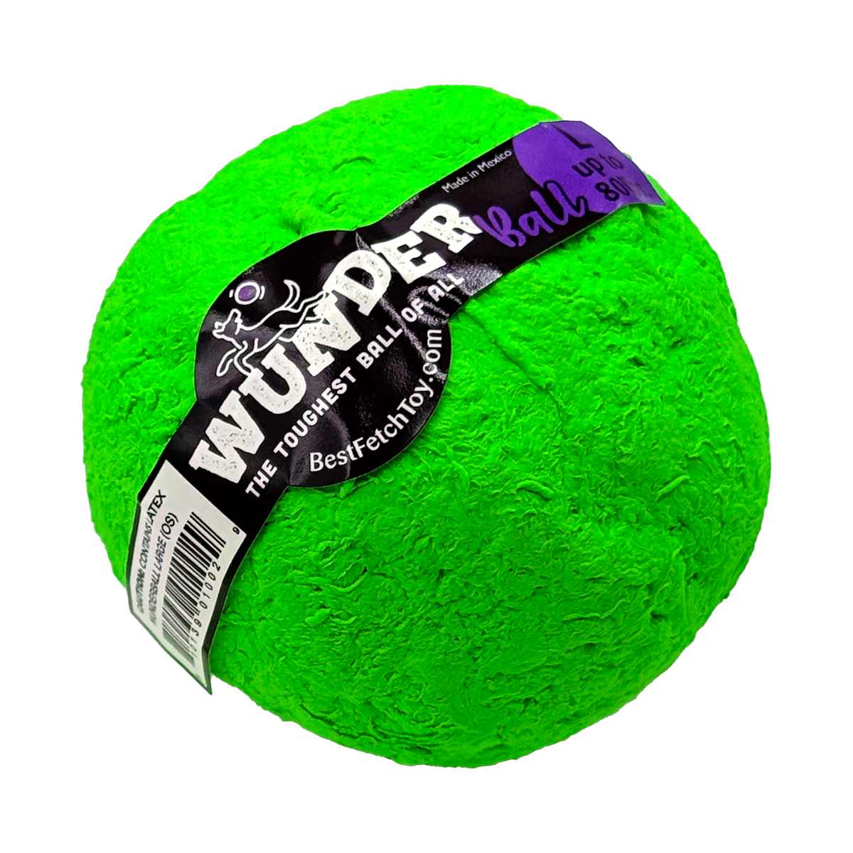 Green textured fetch toy ball with black label band and purple script text