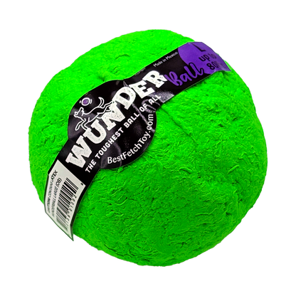 Green textured fetch toy ball with black label band and purple script text