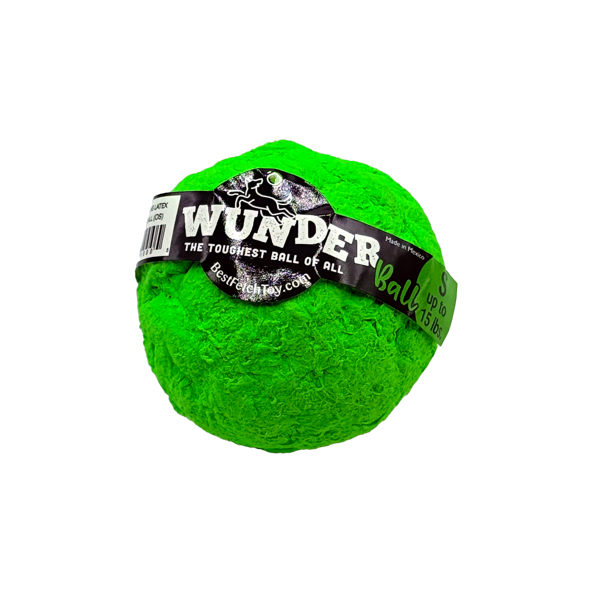 Green WUNDERball fetch toy ball with black logo band and visible barcode