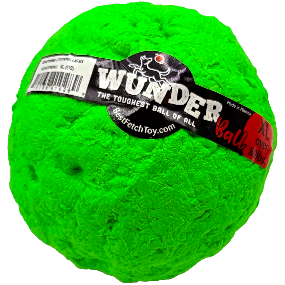 Green textured fetch toy ball with printed black label band and white barcode sticker