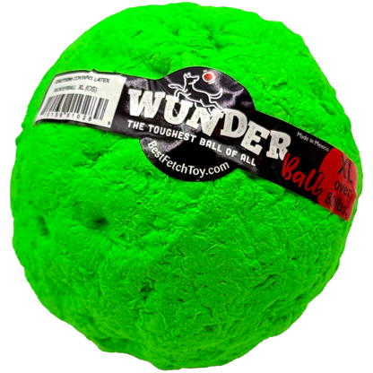 Green textured fetch toy ball with printed black label band and white barcode sticker