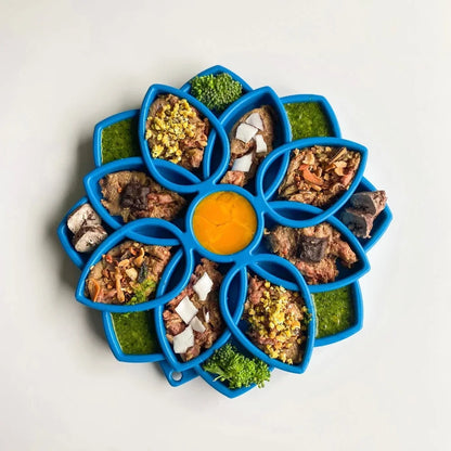 Slow feeder dog bowl with blue multi-compartment design and filled sections