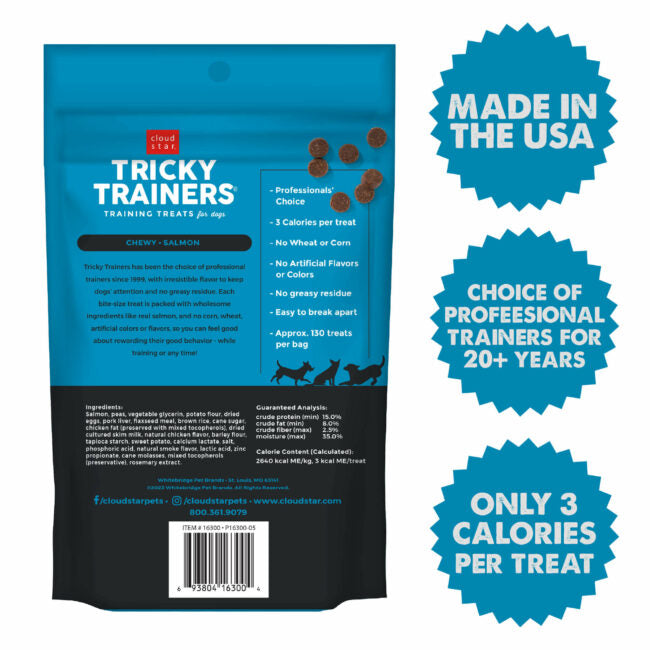 Tricky Trainers dog training treats, chewy salmon flavor, 3 calories each, made in USA, low-calorie pet snacks