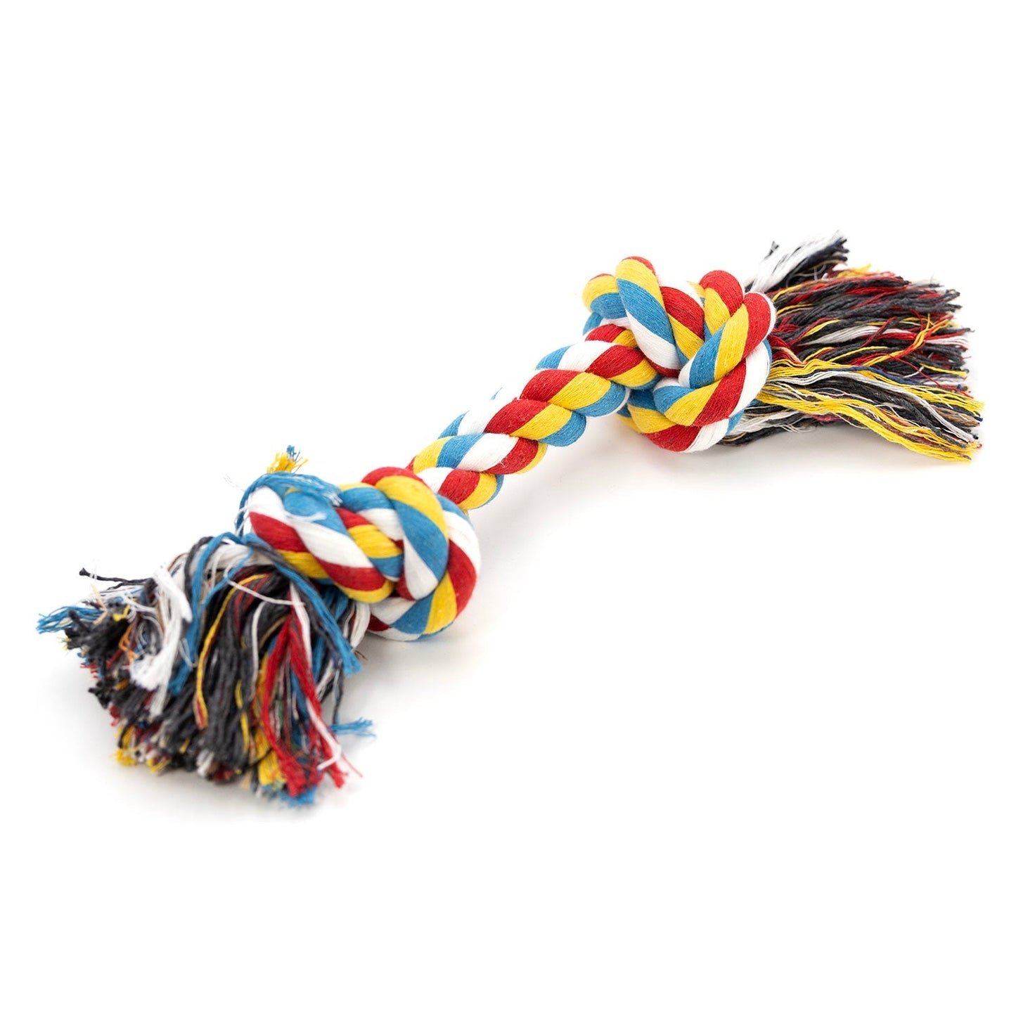 Braided rope dog tug toy with colorful stripes and knotted ends