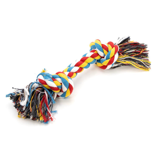 Braided rope dog tug toy with colorful stripes and knotted ends
