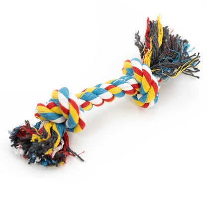 Braided rope dog tug toy with multicolor rope twists and fringed tassels