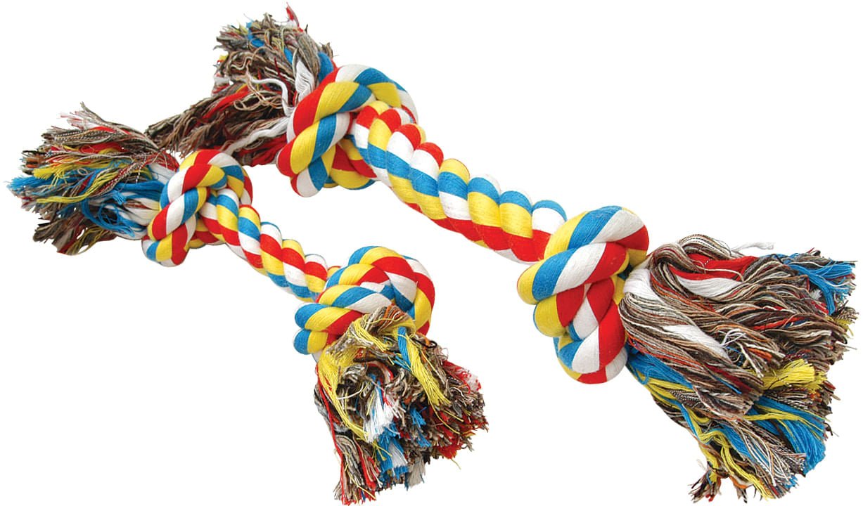 Multicolor braided rope dog tug toy with fringe tassels and rope knotted loops