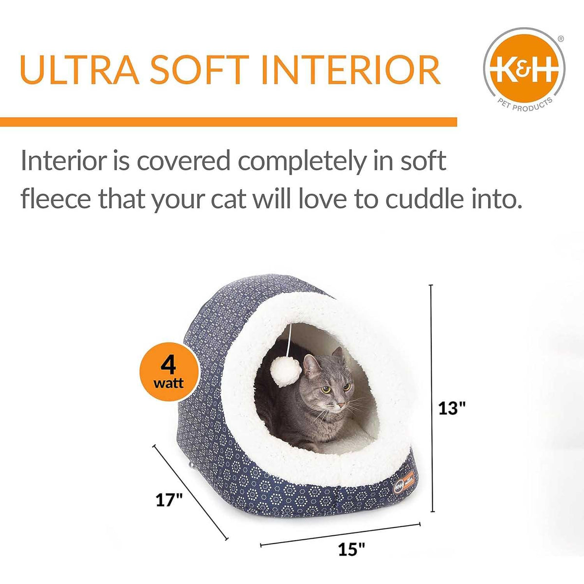 Jeffers Thermo-Pet Cave Heated Cat Bed with interior dimensions and a grey cat inside.