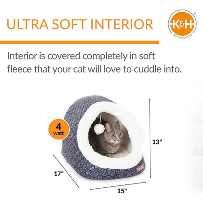 Jeffers Thermo-Pet Cave Heated Cat Bed with interior dimensions and a grey cat inside.