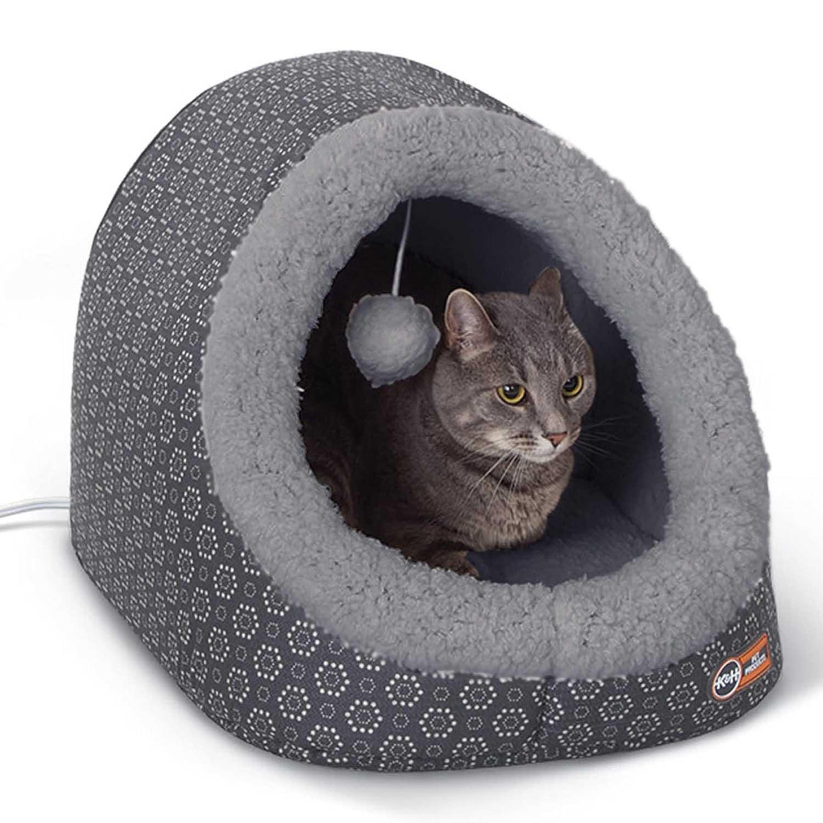 Grey cat resting inside a Jeffers Thermo-Pet Cave Heated Cat Bed with plush lining.