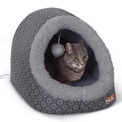Grey cat resting inside a Jeffers Thermo-Pet Cave Heated Cat Bed with plush lining.