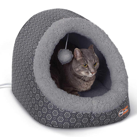Grey cat resting inside a Jeffers Thermo-Pet Cave Heated Cat Bed with plush lining.