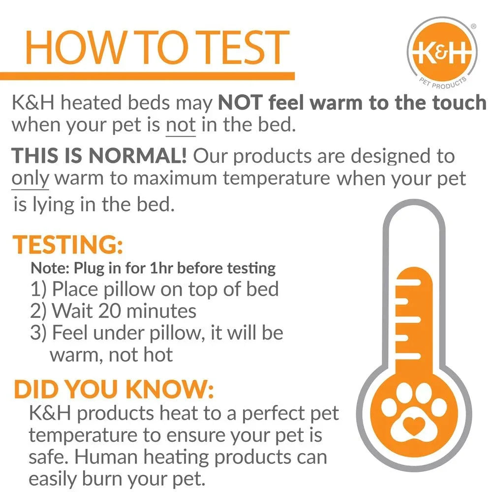 Instructional guide on how to test heat levels for Jeffers K&H heated pet beds.