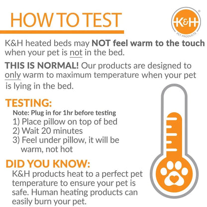 Instructional guide on how to test heat levels for Jeffers K&H heated pet beds.