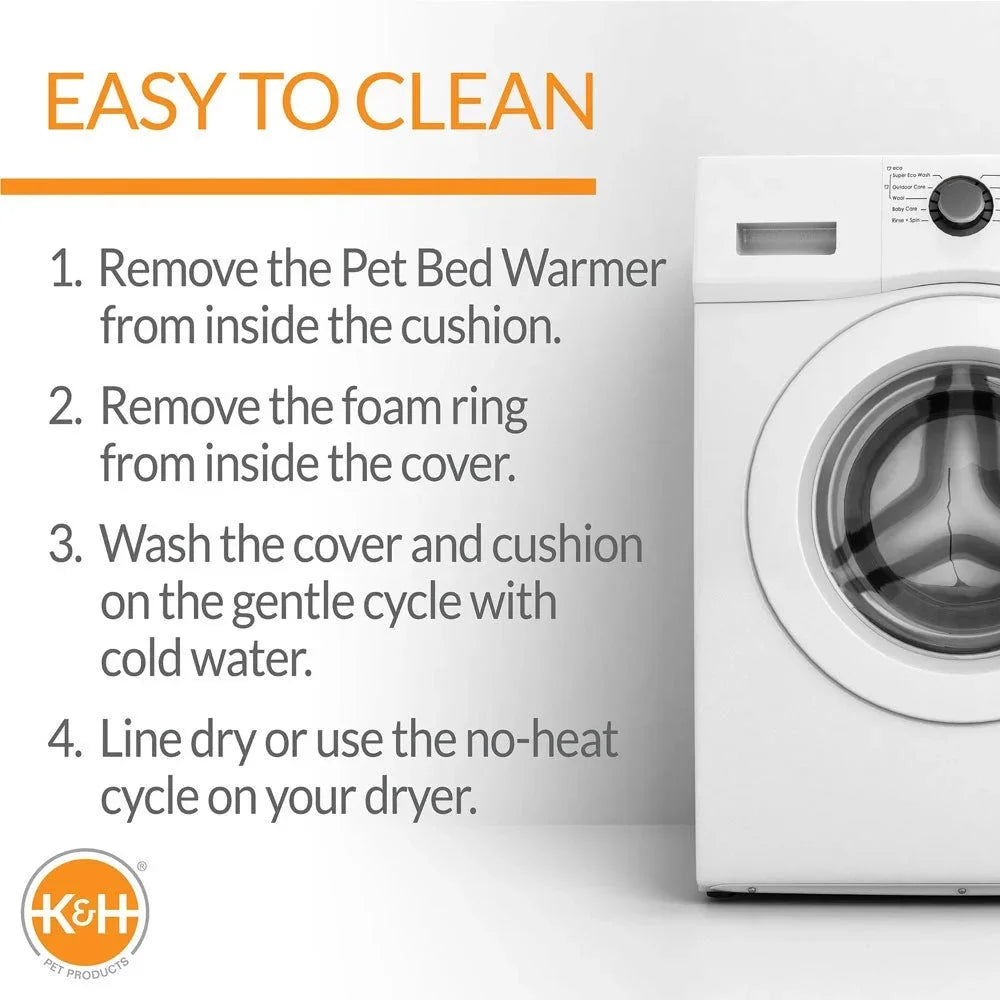 Cleaning instructions for Jeffers heated cat bed featuring a washing machine.