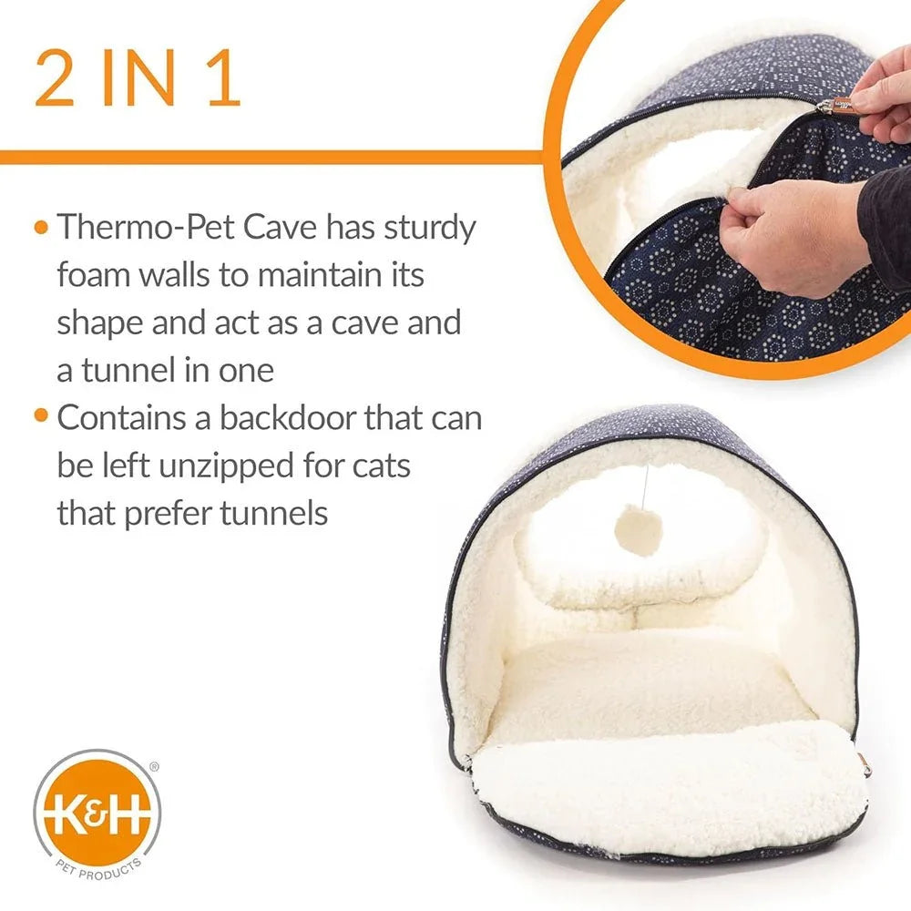 Jeffers Thermo-Pet Cave heated cat bed and tunnel with plush white interior and navy pattern.