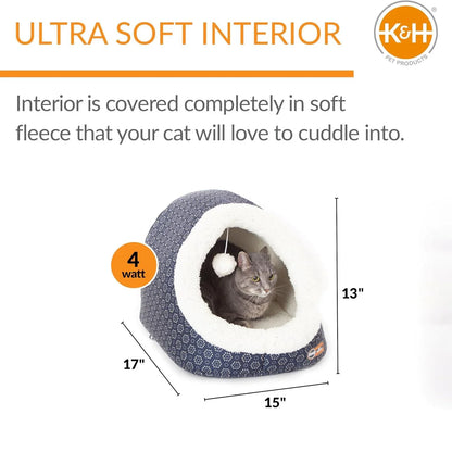 Grey cat inside a Jeffers heated cat bed cave with dimensions and 4 watt power indicator.