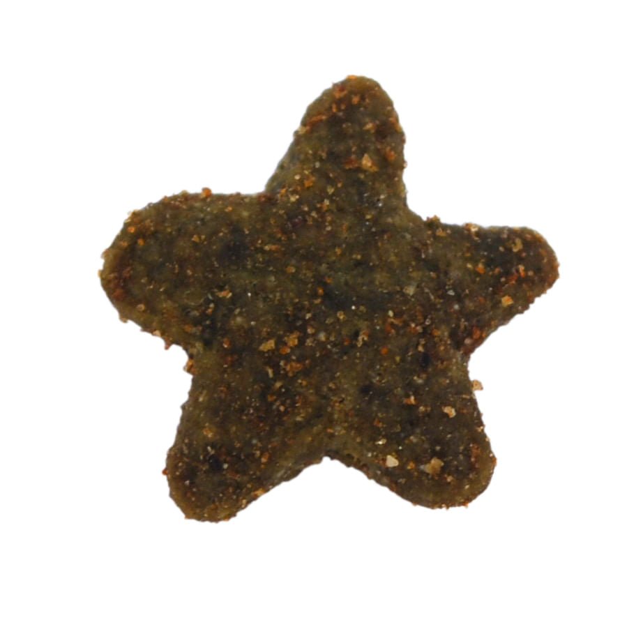 Dark brown star-shaped KONG cat treat kibble, speckled texture