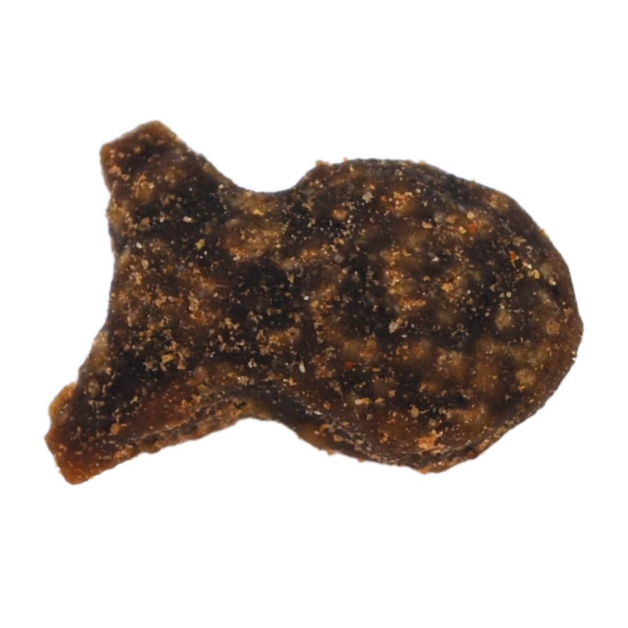 Dark brown star-shaped cat treat kibble with speckled texture