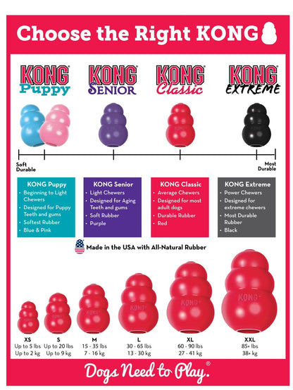 KONG Classic dog toy size chart with multiple colors and sizes on package