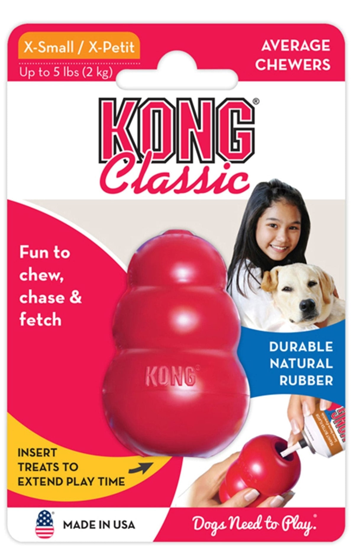 KONG Classic red rubber dog toy, X-Small size, on-package front view