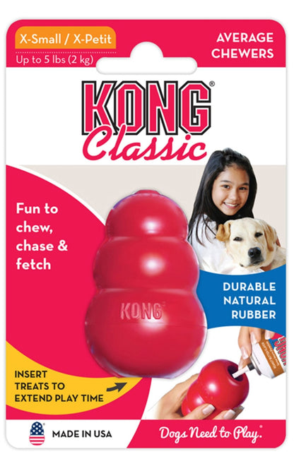 KONG Classic red rubber dog toy, X-Small size, on-package front view