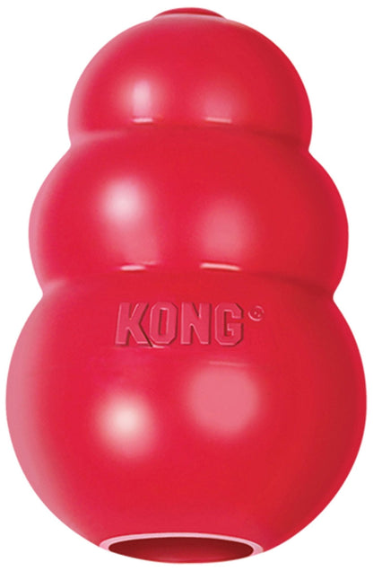 Red KONG Classic rubber dog toy with KONG logo, close-up