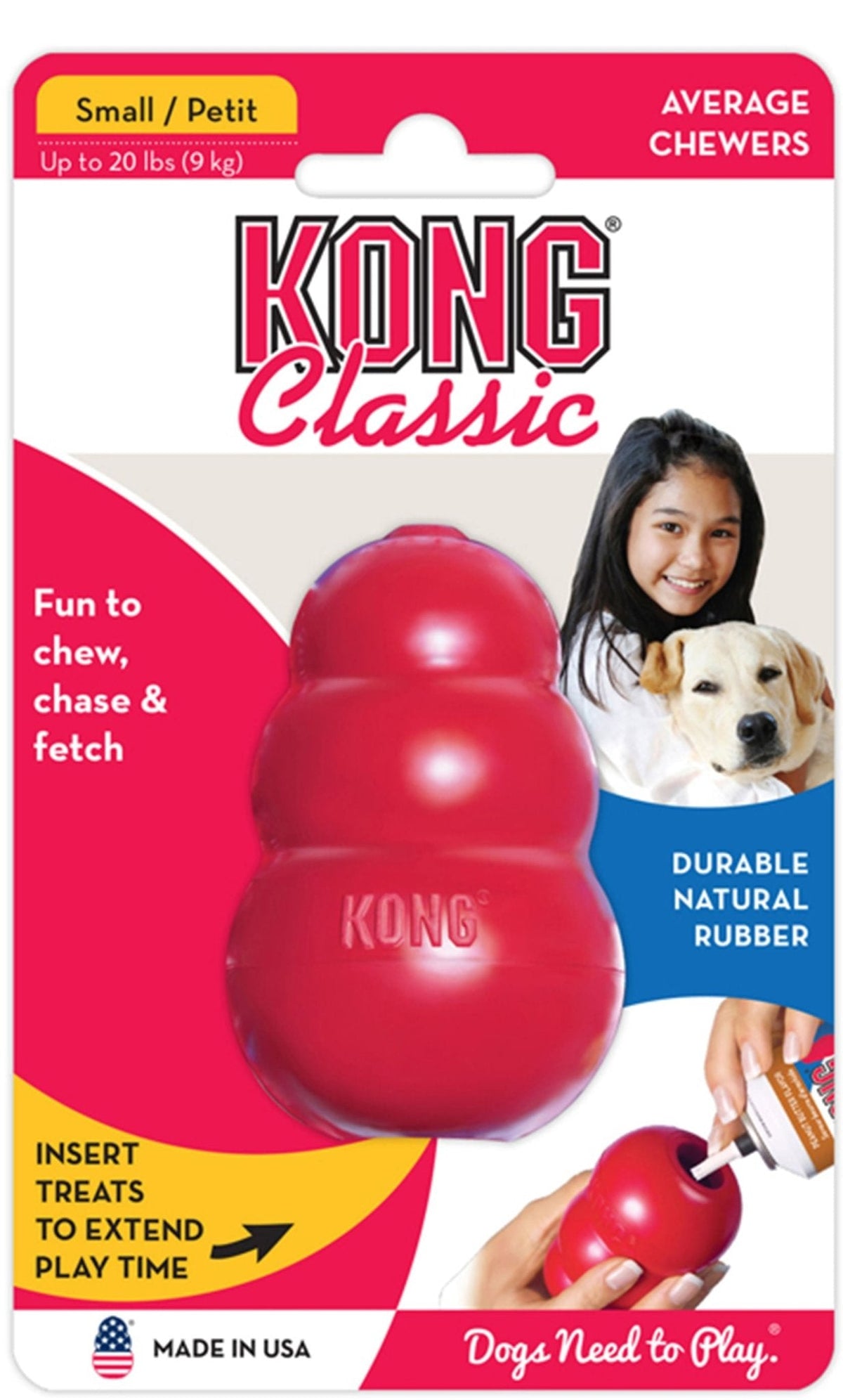 KONG Classic red rubber dog toy, Small size, on-package front view