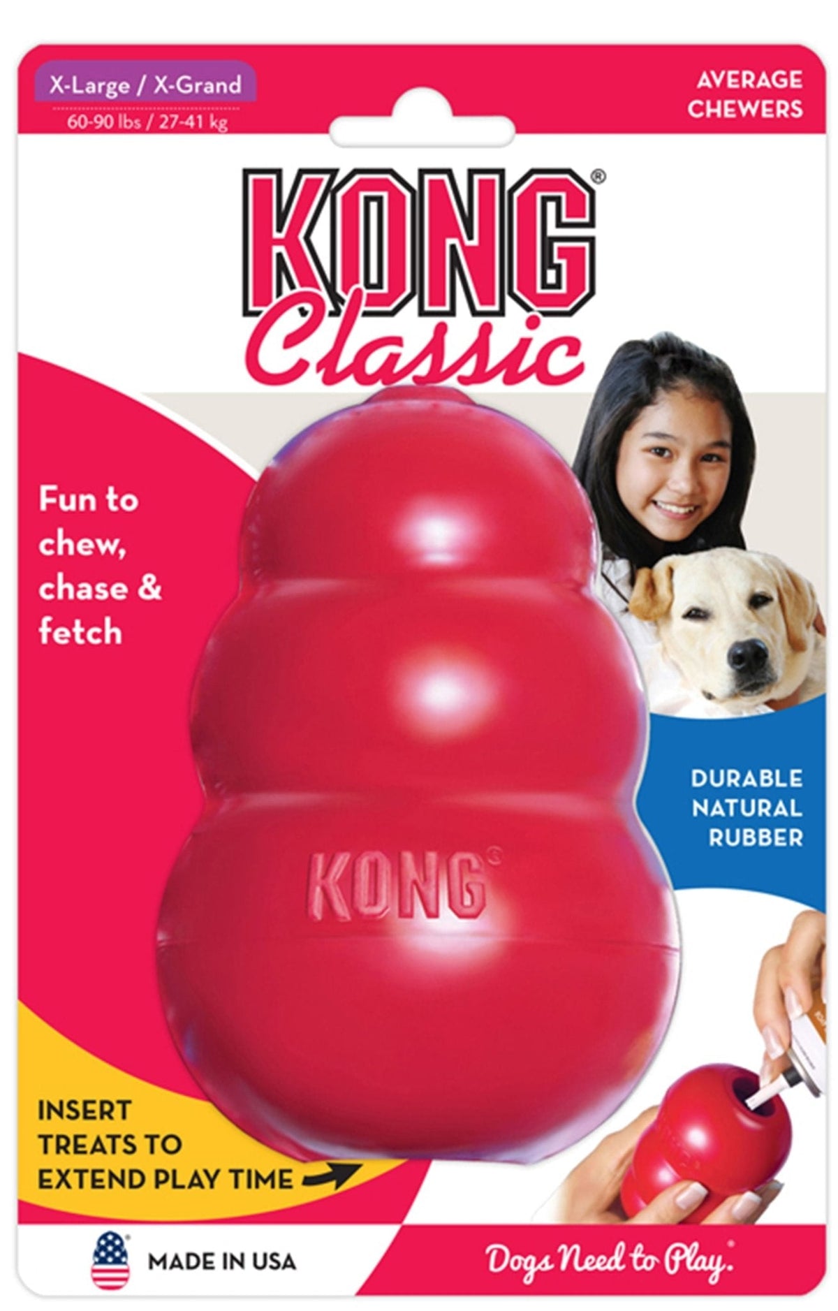 KONG Classic red rubber dog toy, X-Large size, on-package front view