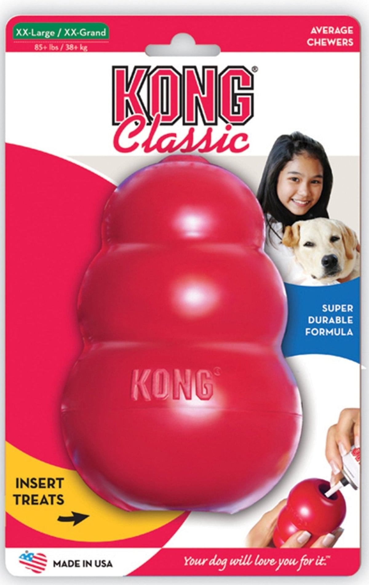 KONG Classic red rubber dog toy, XX-Large size, on-package front view