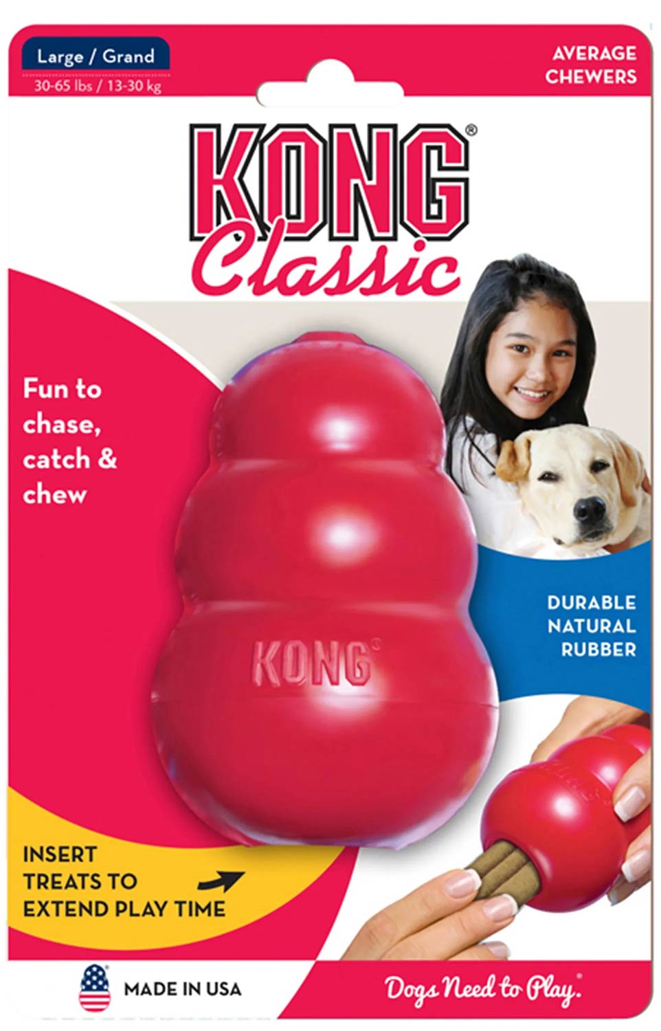 Red KONG Classic rubber dog chew toy with treat insert, shown in retail packaging.