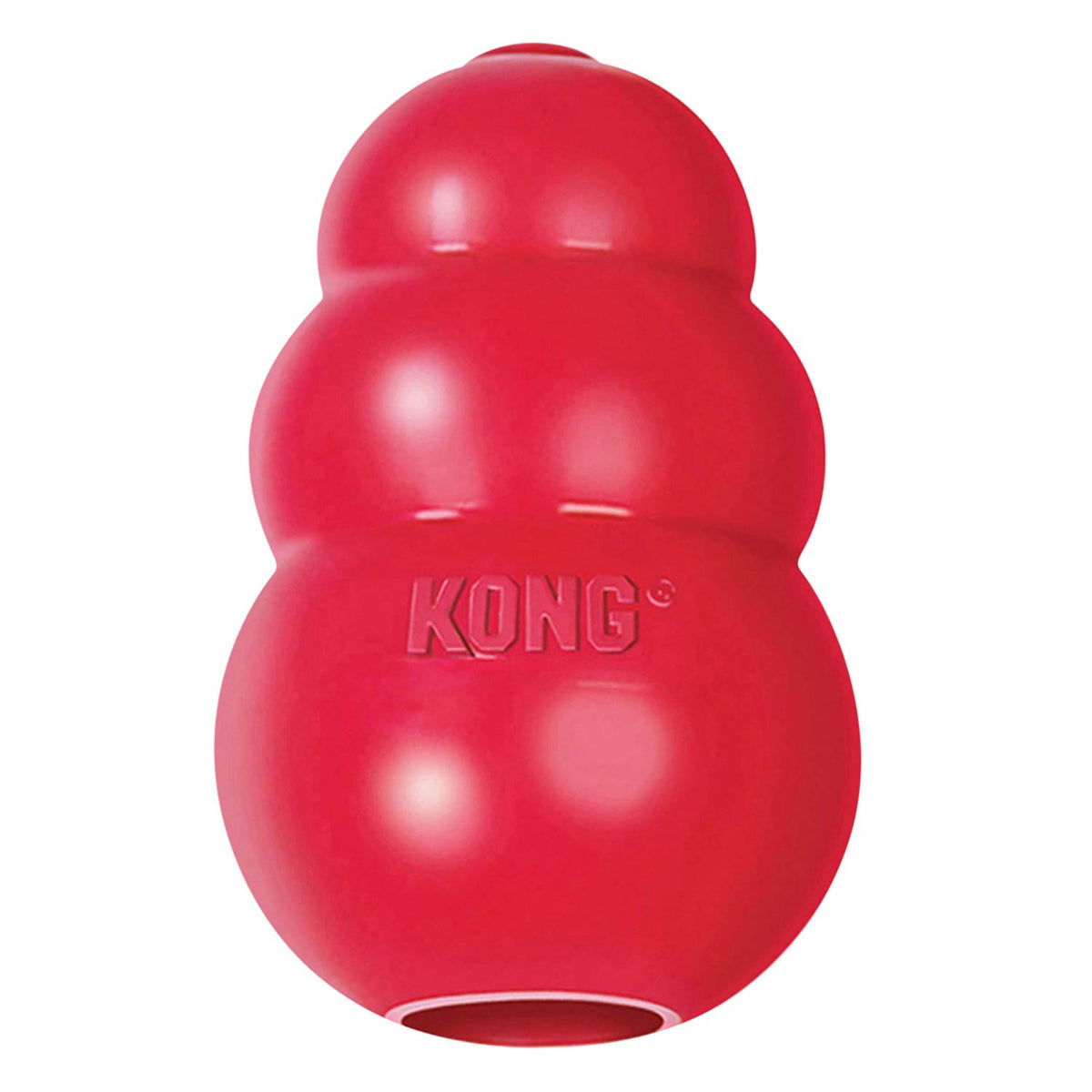 Red KONG Classic rubber dog chew toy, glossy bumpy shape with treat opening.