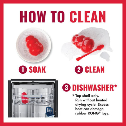 KONG Goodie Bone cleaning steps graphic: soak, clean, dishwasher top shelf