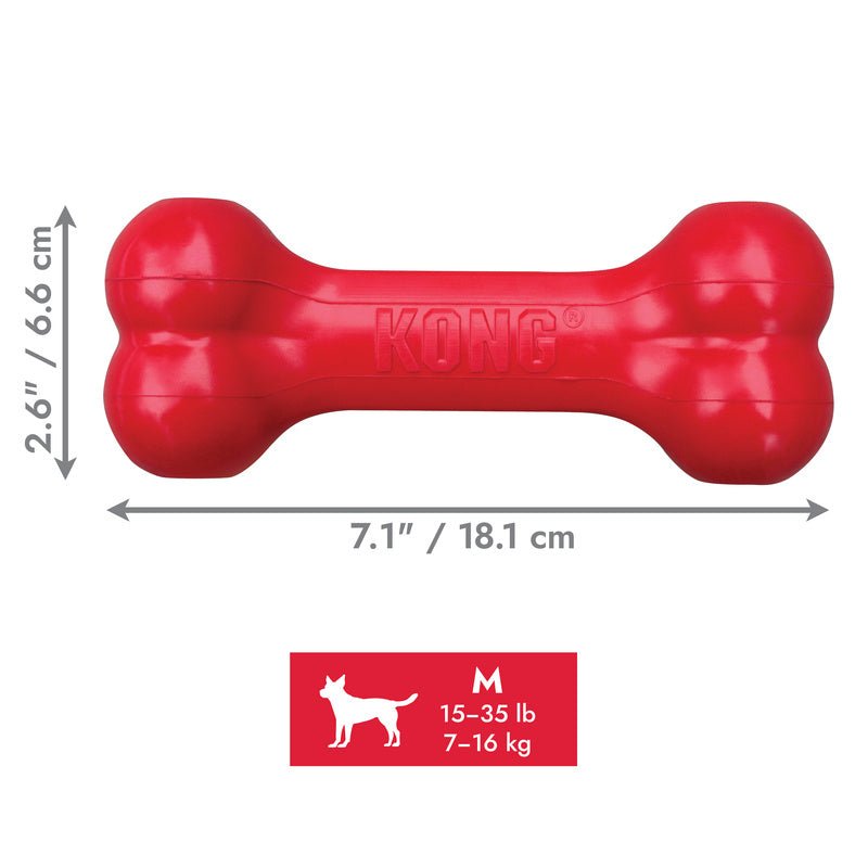 Red KONG Goodie Bone medium rubber chew toy with size measurements