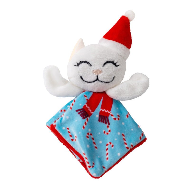 Plush catnip toy shaped like a smiling white cat wearing a red Santa hat and blue scarf