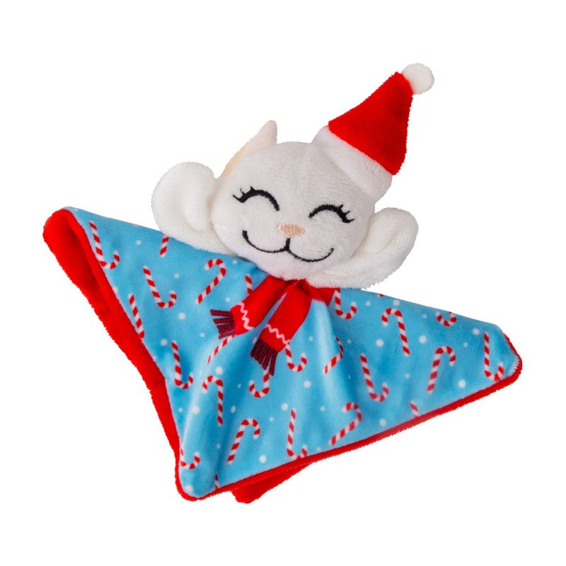 Plush catnip cat toy with smiling face, red Santa hat, and blue patterned cloth