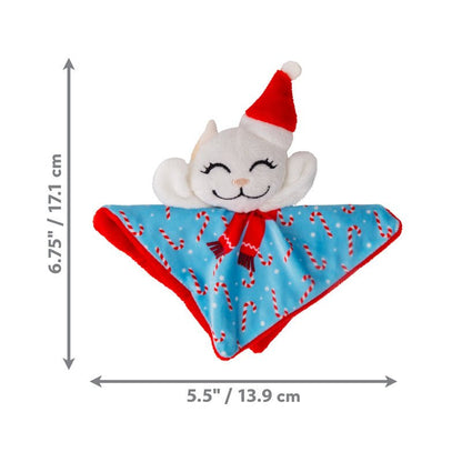 Santa hat plush catnip cat toy with blue patterned scarf; size shown in inches and cm