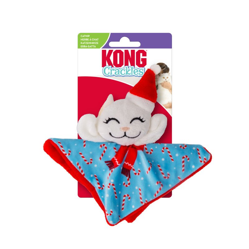 KONG Crackles plush catnip cat toy with Santa hat and blue candy-cane patterned scarf