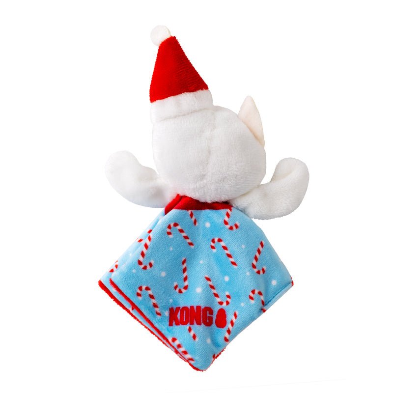 Small plush catnip cat toy: white cat with red Santa hat and blue patterned scarf