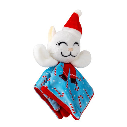 Smiling plush catnip toy with white cat face, red Santa hat, and blue holiday scarf