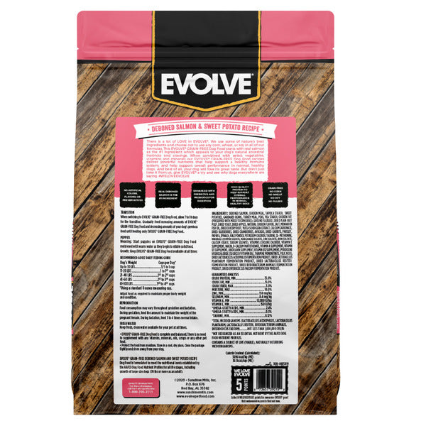 Back panel of grain-free salmon and sweet potato dog food pouch with details