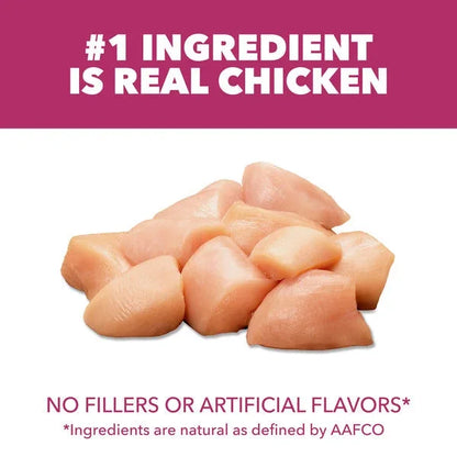 IAMS cat food bag panel: #1 real chicken, no fillers or artificial flavors.