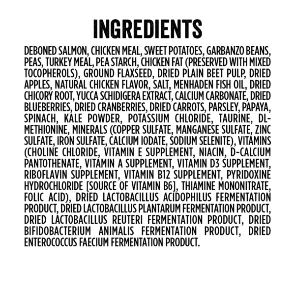 Ingredients list for grain-free salmon and sweet potato dog food
