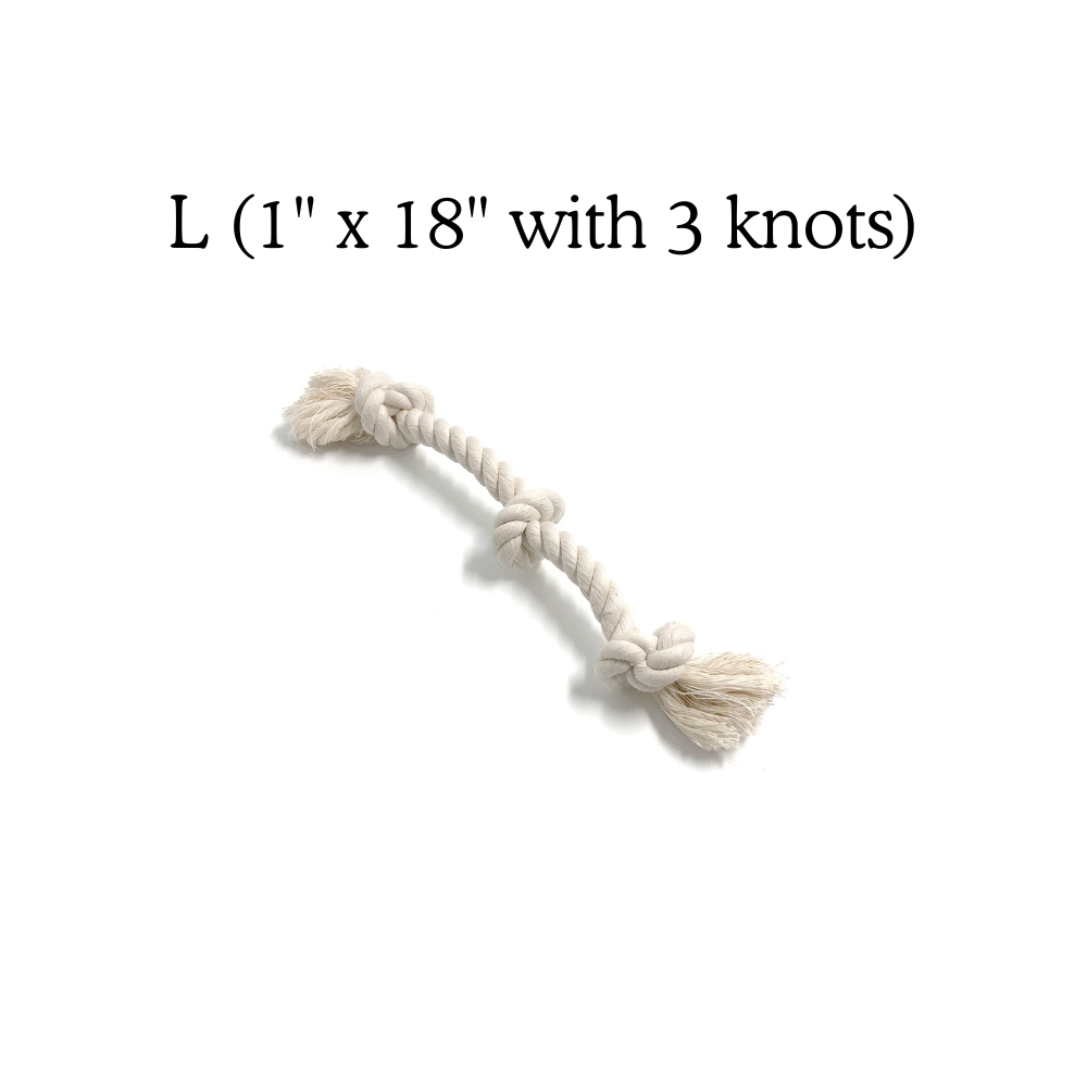 Natural cotton dog rope toy with 3 knots, 18 inches long for chewing and tugging
