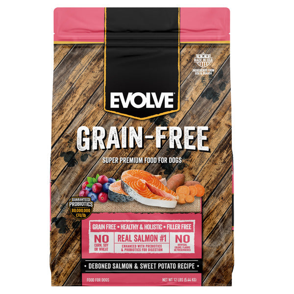 Grain-free salmon and sweet potato dog food pouch with EVOLVE label