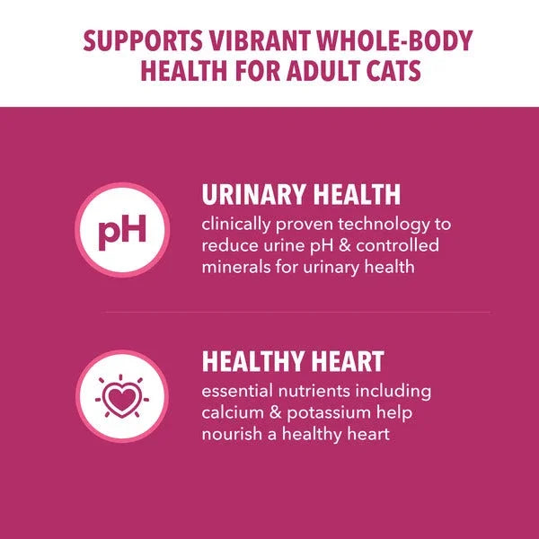 IAMS bag benefits panel: urinary health pH control & healthy heart for adult cats.