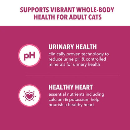 IAMS bag benefits panel: urinary health pH control & healthy heart for adult cats.