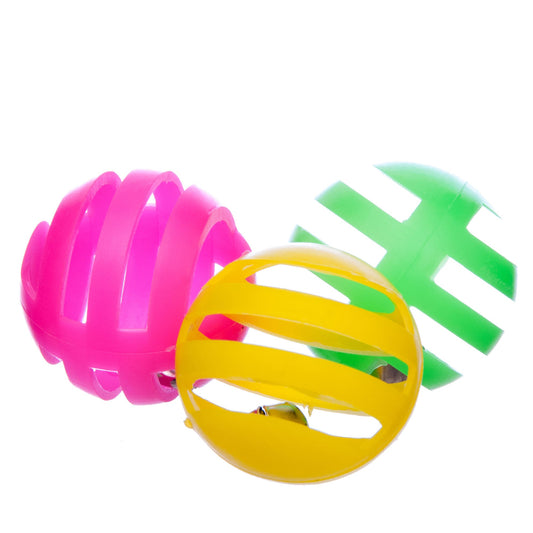 3-pack cat jingle lattice balls in pink, yellow, and green